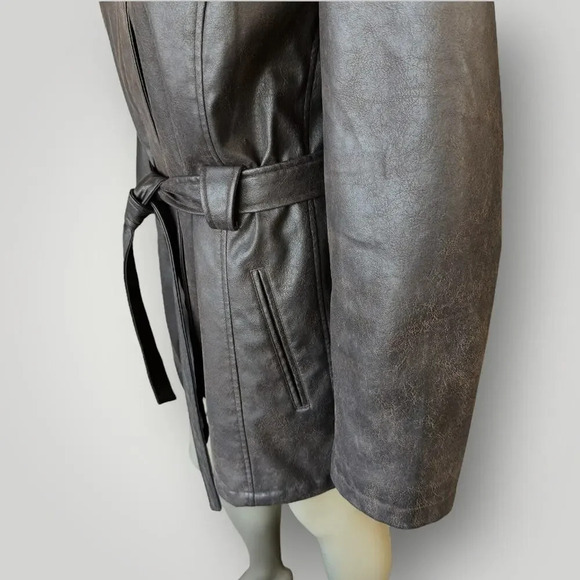Giacca Vintage Faux Leather Belted Peacoat Jacket Faux Fur Collar Size XL Brown - Picture 9 of 16